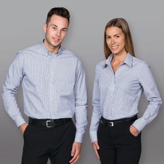 A button-up check shirt for women in light blue and white, featuring a collar and long sleeves. It has a logo.