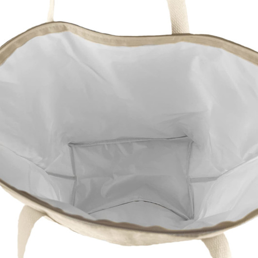 A cotton cooler bag in beige, featuring a spacious interior with a white lining and sturdy handles.
