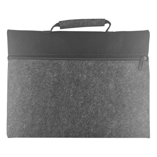 A grey felt carry case with a black zip and handle, featuring a sleek, minimalist design.