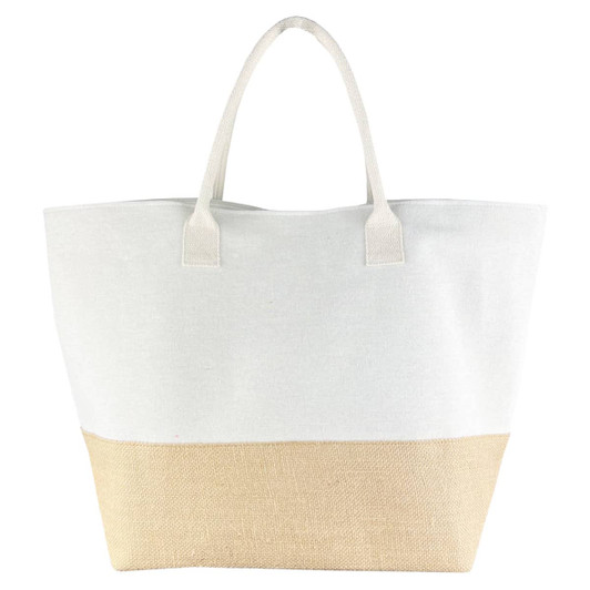 A large tote bag featuring a white canvas upper and a natural jute lower section, with sturdy handles.