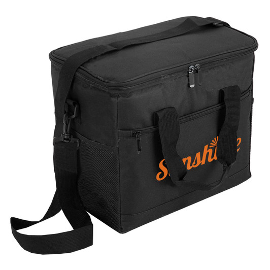 A black cooler bag with a zippered top, featuring a shoulder strap and one side pocket. It has a logo on the front.