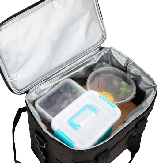 A large black nylon cooler bag with silver interior, containing various containers of food and fruit.