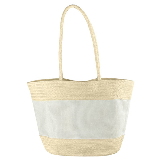 A cream and beige patterned tote bag features a woven design and two long handles. It includes a branding logo.