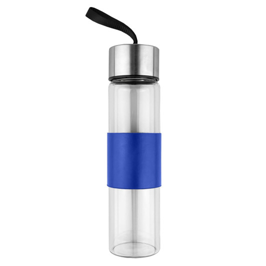 A drink bottle made of clear glass with a blue silicone grip and a stainless steel lid. It features a carrying strap.