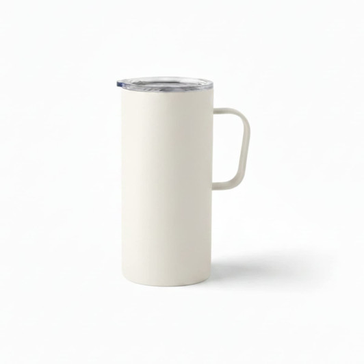 A travel mug in cream colour with a sturdy handle and a transparent lid. It features a branding logo.