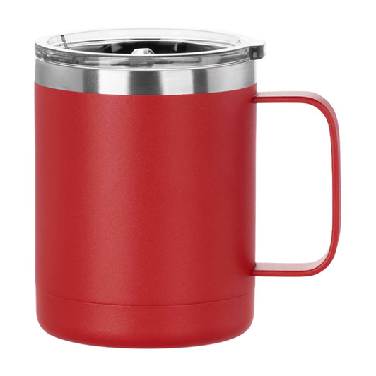 A travel mug in red with a stainless steel lid and a handle, featuring a logo on the body.