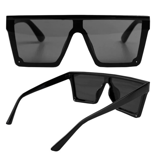 A pair of black Malibu sunglasses with a modern geometric design and dark lenses, featuring a logo on the side.