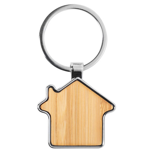 A bamboo house-shaped key ring with a silver metal frame.