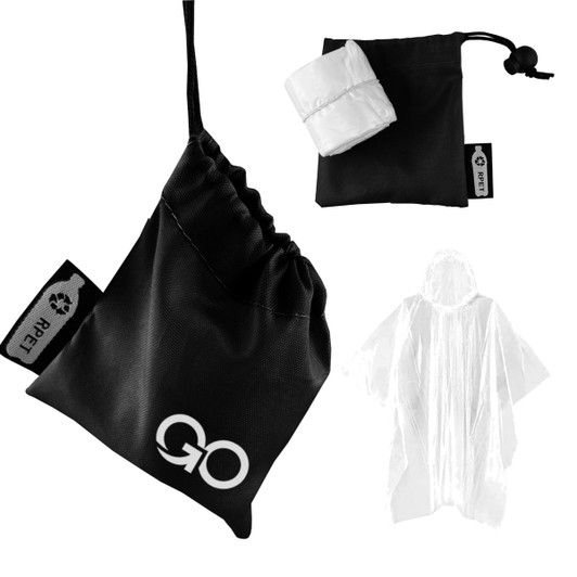 A black drawstring pouch containing a clear shower poncho, with a compact, white rolled-up poncho nearby.