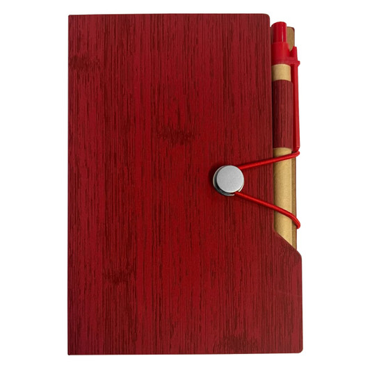 A red sticky note pad with a textured finish, featuring a pen secured by an elastic band on the side.