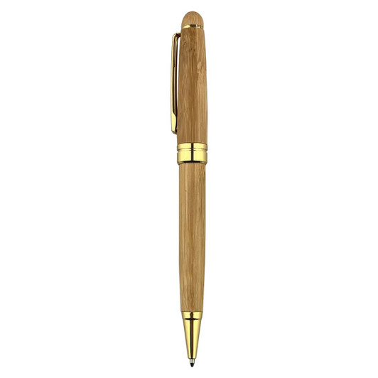 A bamboo pen crafted with a gold-tone clip and accents, showcasing a natural wood finish.