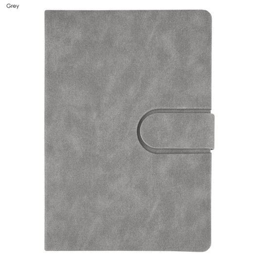 A grey notebook with a textured cover and a curved clasp closure, featuring a small logo.