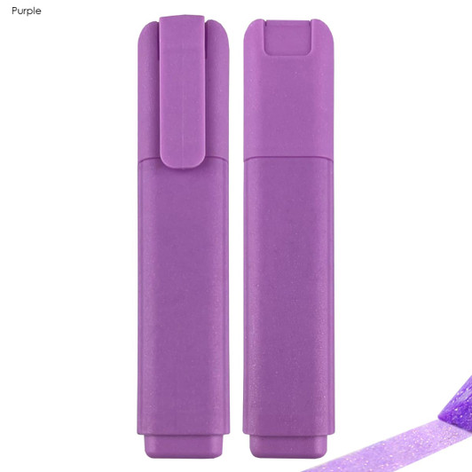 A purple highlighter with a clip, featuring a textured finish and a glittery effect. It has a branding logo.