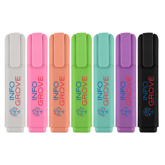 A collection of eight highlighters in various colours: pink, orange, mint green, light green, blue, purple, black, and white. Each has a logo.