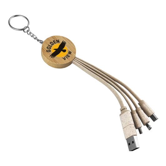 A round bamboo key ring with a logo and three charging cables in beige.