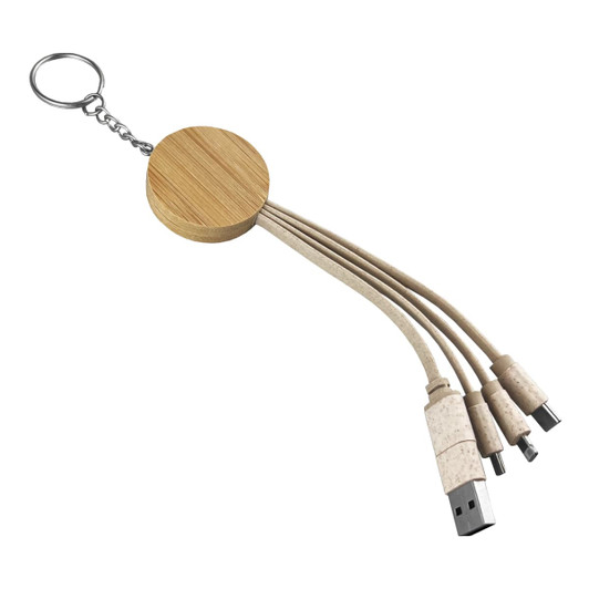 A round bamboo charging cable key ring with three attached cables in beige, featuring a metal key ring.