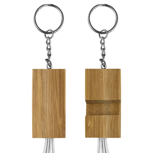 A bamboo key ring with a charging cable attached, featuring a silver chain and keyring, showcasing a natural wood finish.