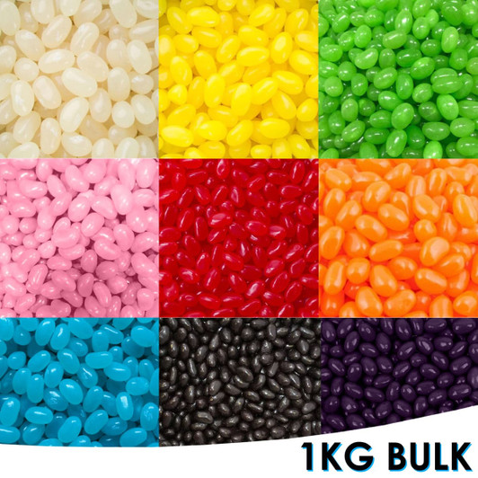 A colourful assortment of jelly beans in various shades, including yellow, green, pink, red, blue, black, and purple.
