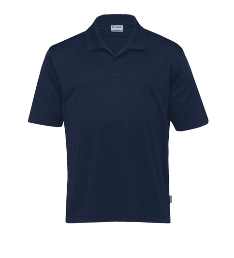 A navy blue men's polo shirt featuring a collar, short sleeves, and a logo on the front.