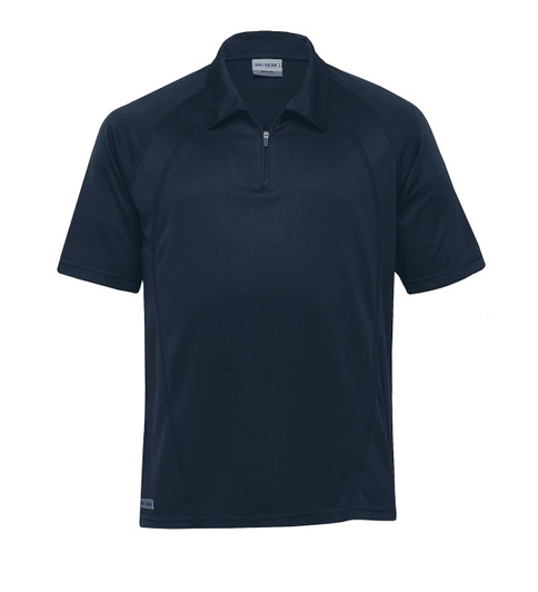 A dark navy men's polo shirt with a zip collar, featuring a logo on the side. Ideal for active wear.