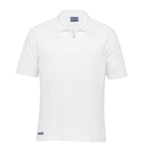 A white men's polo shirt with a half zipper and a logo on the hem. Designed for active wear.