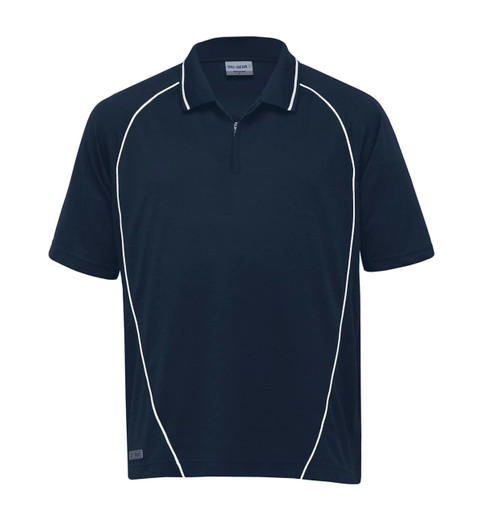 A navy polo shirt with white piping and a branded logo on the side. Short sleeves and a collared design.