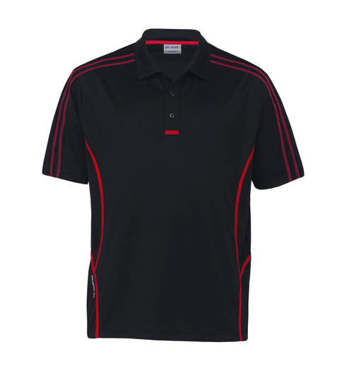 A black polo shirt featuring red accents and a logo, designed for active wear.