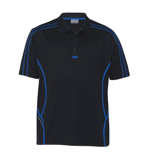 A black polo shirt featuring blue stripes and a branding logo on the chest.