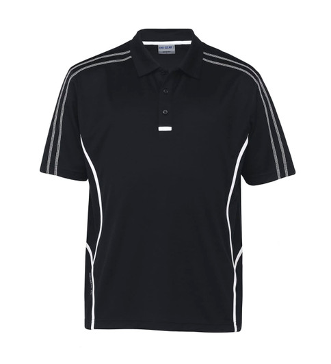 A black polo shirt featuring white accents and a logo, designed for comfort and style.
