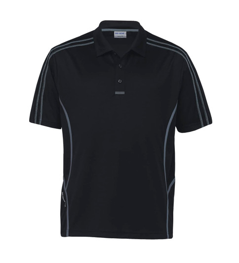 A black polo shirt featuring grey accents and a logo, designed for youth.