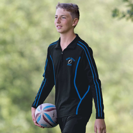 A black pullover with blue accents, featuring a logo, worn by a young athlete holding a rugby ball.