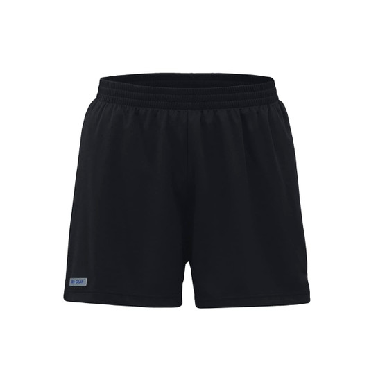 Black sports shorts with an elastic waistband and a logo on the side. Suitable for athletic activities.