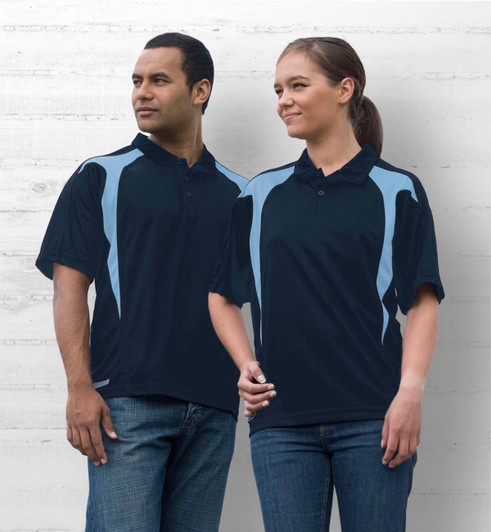 A navy blue polo shirt with light blue spliced design, featuring a logo on the chest, displayed on male and female models.