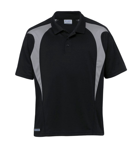 A black polo shirt with grey spliced accents and a logo, featuring a classic collar and short sleeves.