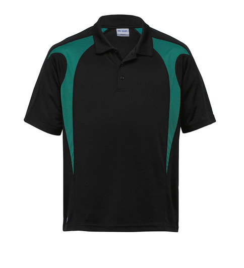 A black polo shirt with spliced green accents and a logo on the chest.