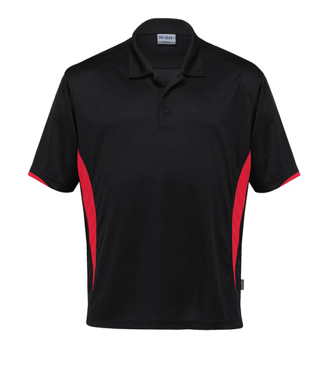 A black polo shirt with red accents, featuring a collar and a logo on the upper part.