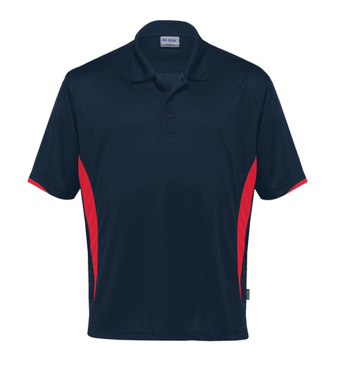 A navy polo shirt with red side panels, featuring a logo on the chest.