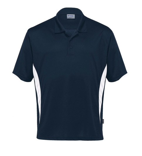 A navy polo shirt featuring white side panels and a collar, with a branding logo.