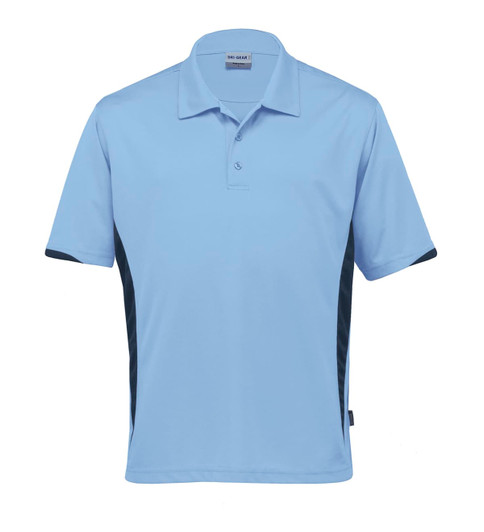 Light blue polo shirt featuring black side panels and a collar, with a logo on the chest.