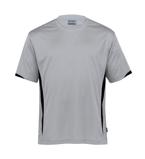 A light grey t-shirt with black side accents and a simple logo. Suitable for casual wear or active use.