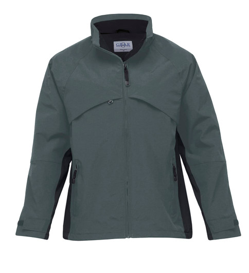 A rain jacket in dark grey with black accents, featuring a zip front and pockets and a logo on the chest.