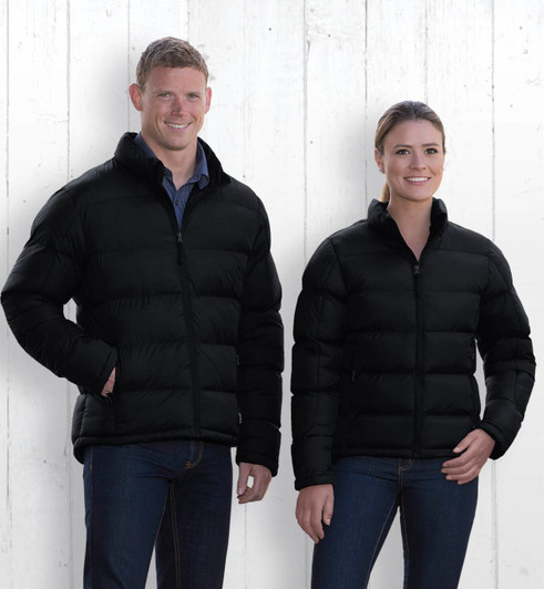 A black puffer jacket displayed on two models, one male and one female, against a white wooden background.