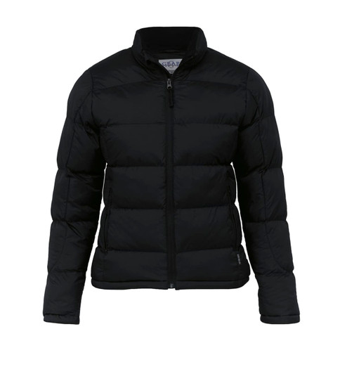 A black puffer jacket with a zip front and a high collar, featuring a logo on the upper chest area.