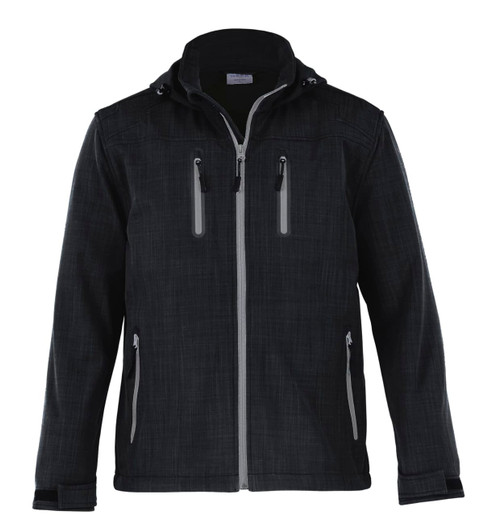 A black hybrid jacket features a zippered front, multiple pockets, and a hood. It has a textured fabric design.