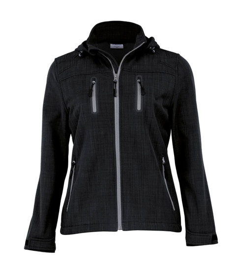 A black soft shell jacket with a hood, featuring zippered pockets and a sleek design. It has a logo on the front.