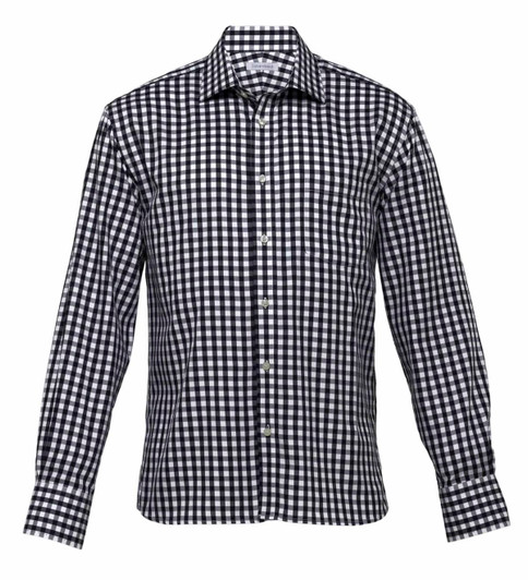 A black and white check button-up shirt with long sleeves and a collar, featuring a logo.