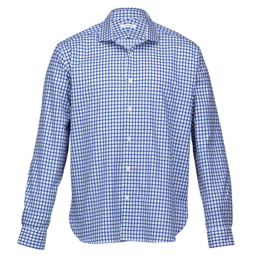 A blue and white check patterned button-up shirt with long sleeves and a collar, featuring a logo.