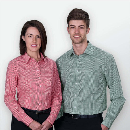 A red and white check button-up shirt worn by a woman and a green and white check button-up shirt worn by a man, both with logos.
