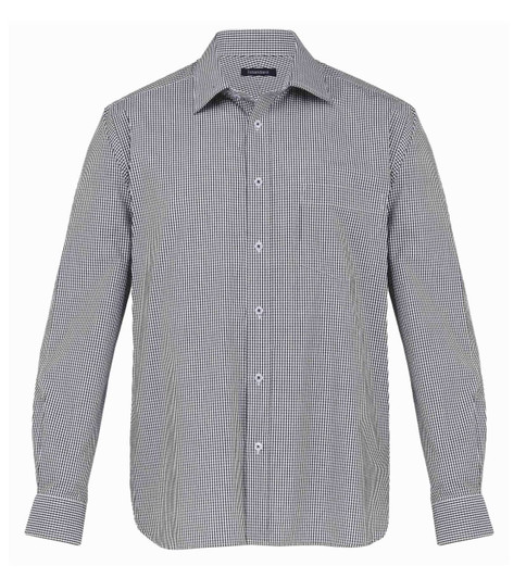 A men's button-up shirt in a black and white check pattern, featuring a pocket and a collar.