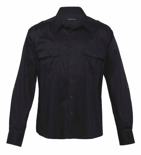 A black button-up shirt featuring long sleeves and two chest pockets, with a logo on the inside.